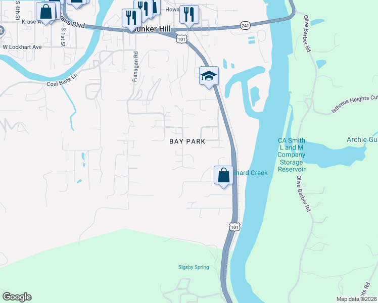 map of restaurants, bars, coffee shops, grocery stores, and more near 63489 Third Road in Coos Bay