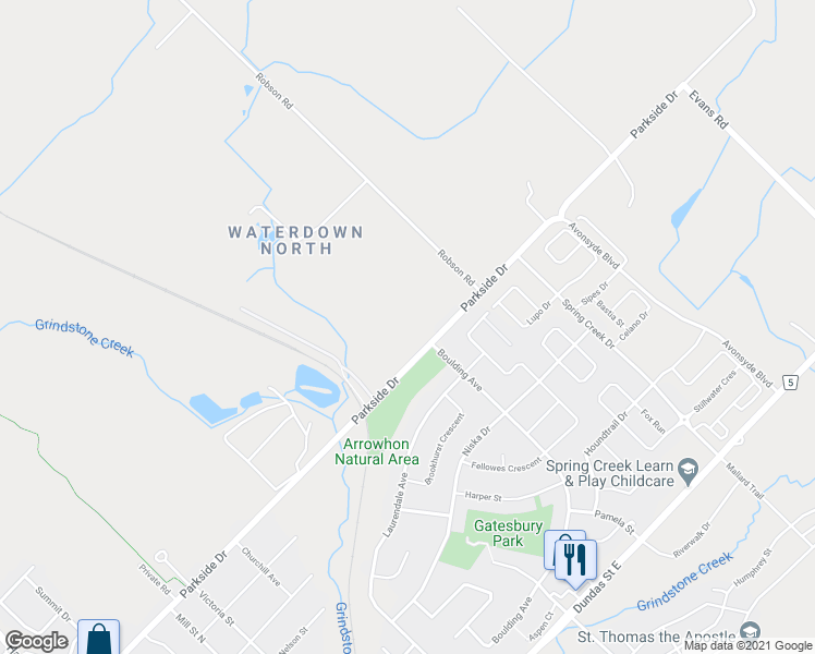 map of restaurants, bars, coffee shops, grocery stores, and more near 441 Parkside Drive in Hamilton