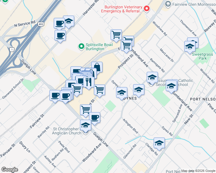 map of restaurants, bars, coffee shops, grocery stores, and more near 688 Dynes Road in Burlington