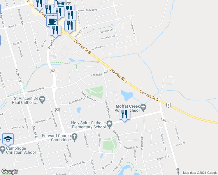 map of restaurants, bars, coffee shops, grocery stores, and more near 46 Lisbon Pines Drive in Cambridge