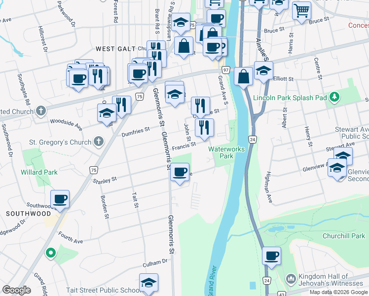 map of restaurants, bars, coffee shops, grocery stores, and more near 27 Francis Street in Cambridge
