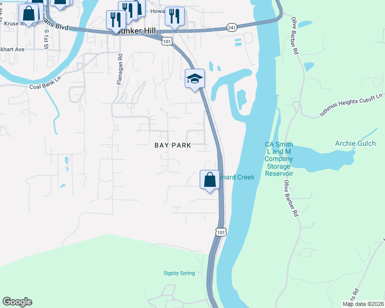 map of restaurants, bars, coffee shops, grocery stores, and more near 93736 Bay Park Lane in Coos Bay
