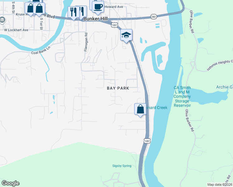 map of restaurants, bars, coffee shops, grocery stores, and more near 63489 Third Road in Coos Bay