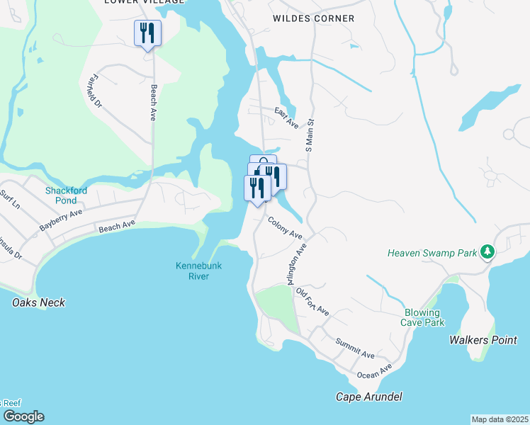 map of restaurants, bars, coffee shops, grocery stores, and more near 131 Ocean Ave in Kennebunkport