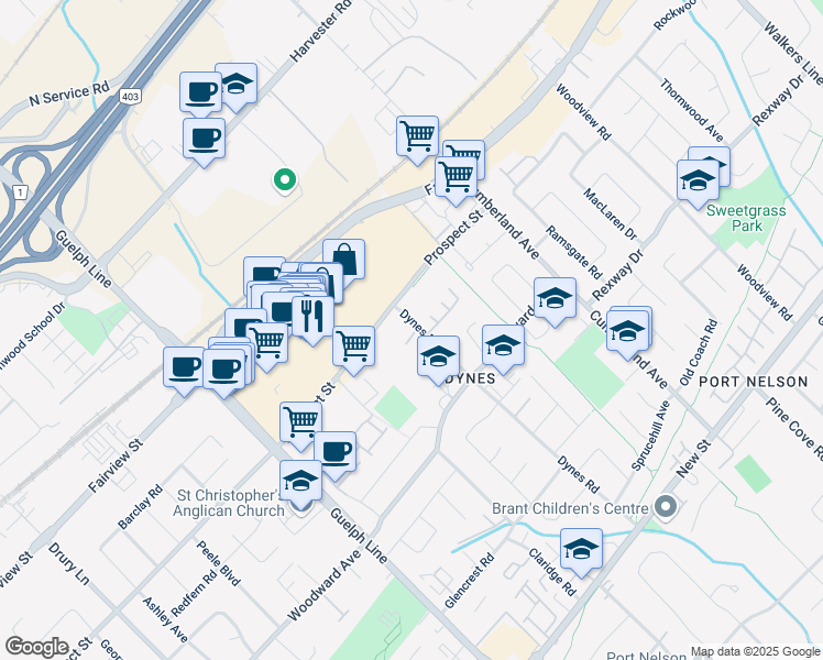 map of restaurants, bars, coffee shops, grocery stores, and more near 688 Dynes Road in Burlington
