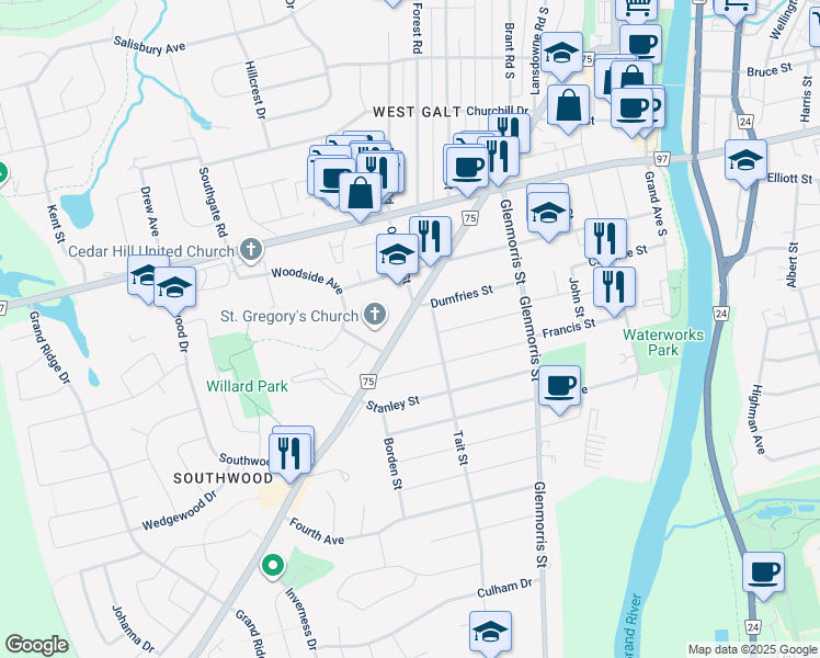 map of restaurants, bars, coffee shops, grocery stores, and more near 209 Waterloo Regional Road 75 in Cambridge