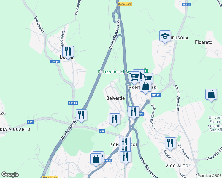 map of restaurants, bars, coffee shops, grocery stores, and more near 25 Via Val D'Aosta in Belverde