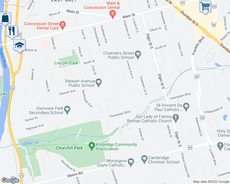 map of restaurants, bars, coffee shops, grocery stores, and more near 89 Christopher Drive in Cambridge