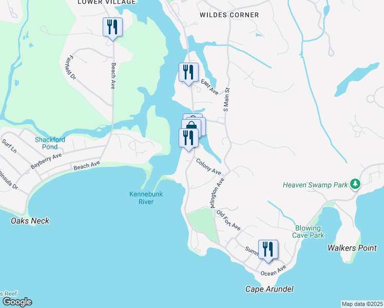 map of restaurants, bars, coffee shops, grocery stores, and more near 131 Ocean Avenue in Kennebunkport