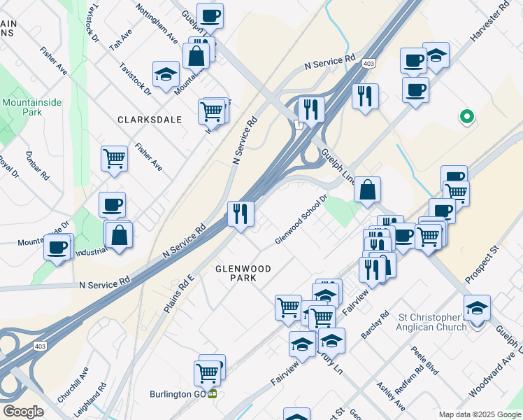 map of restaurants, bars, coffee shops, grocery stores, and more near 2365 Queensway Drive in Burlington