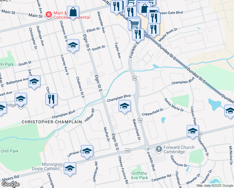 map of restaurants, bars, coffee shops, grocery stores, and more near 7 Bakersfield Drive in Cambridge
