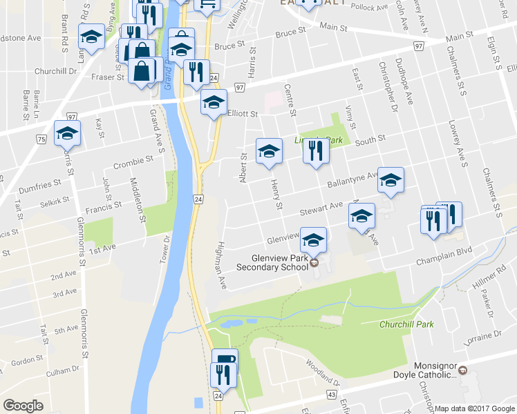 map of restaurants, bars, coffee shops, grocery stores, and more near 75 Albert Street in Cambridge