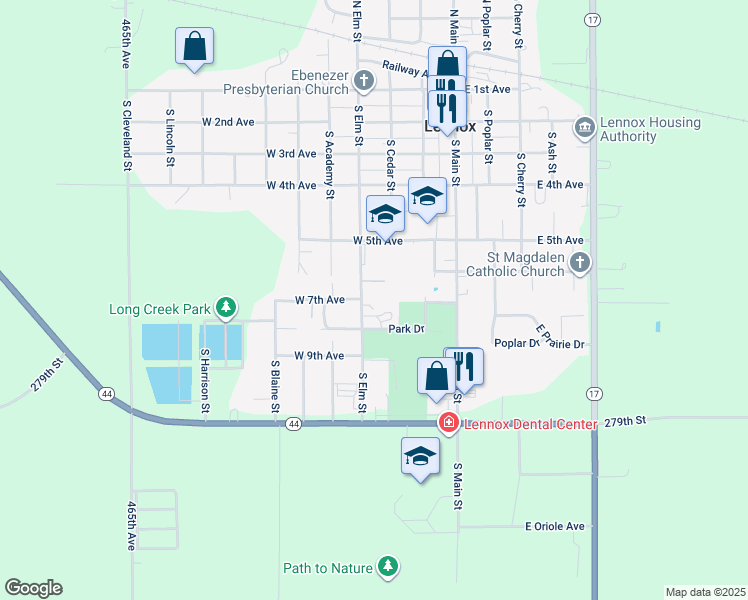 map of restaurants, bars, coffee shops, grocery stores, and more near 700 South Elm Street in Lennox