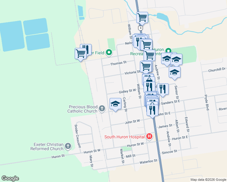 map of restaurants, bars, coffee shops, grocery stores, and more near 134 Gidley Street West in Exeter
