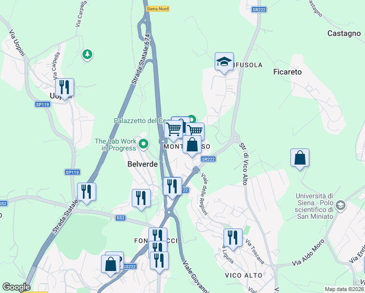 map of restaurants, bars, coffee shops, grocery stores, and more near Via Sandro Pertini in Provincia di Siena