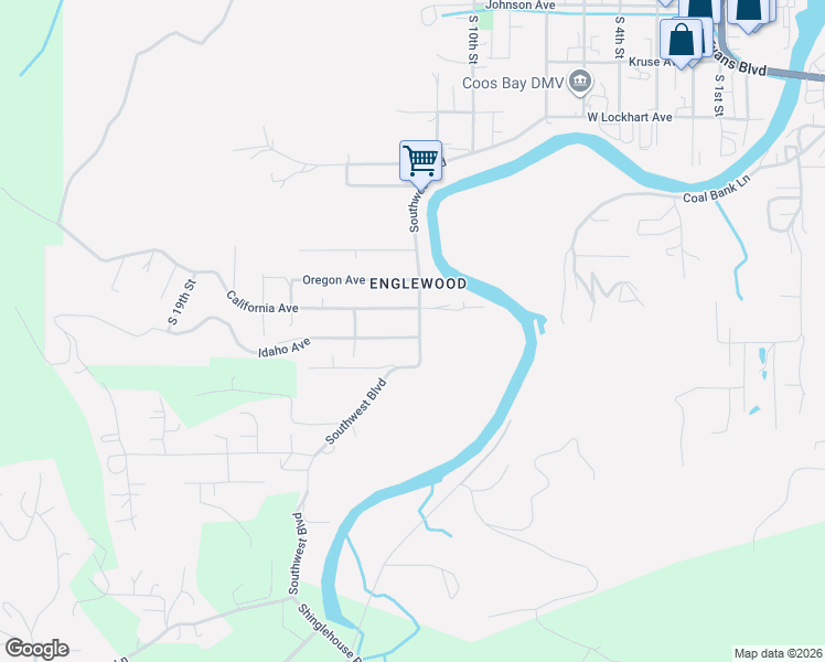 map of restaurants, bars, coffee shops, grocery stores, and more near 1802 Southwest Boulevard in Coos Bay