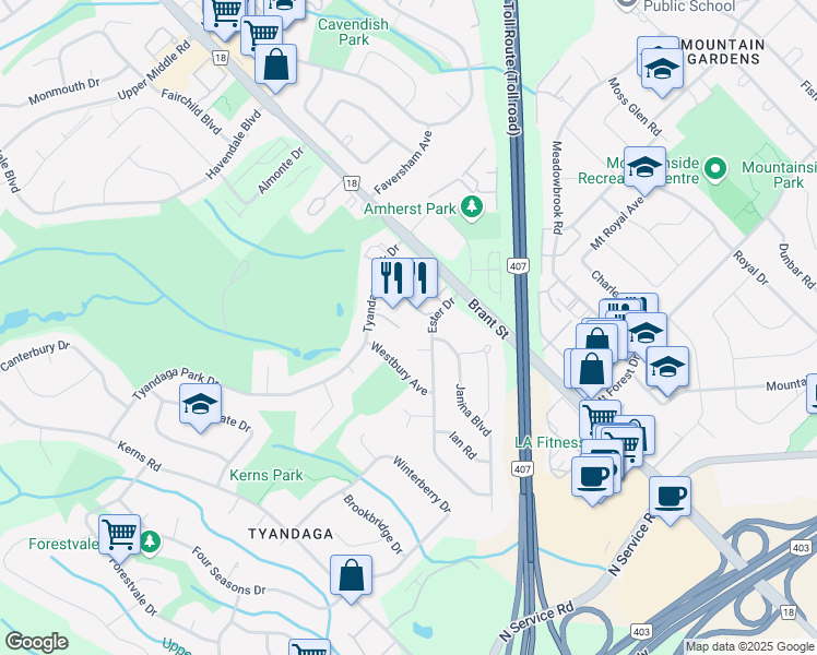 map of restaurants, bars, coffee shops, grocery stores, and more near 1418 Tyandaga Park Drive in Burlington