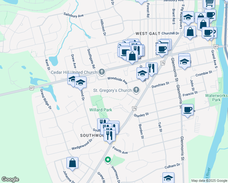 map of restaurants, bars, coffee shops, grocery stores, and more near 137 Woodside Avenue in Cambridge
