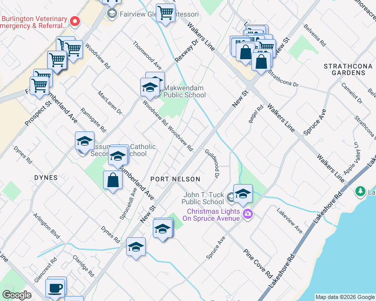 map of restaurants, bars, coffee shops, grocery stores, and more near 3 Woodview Road in Burlington