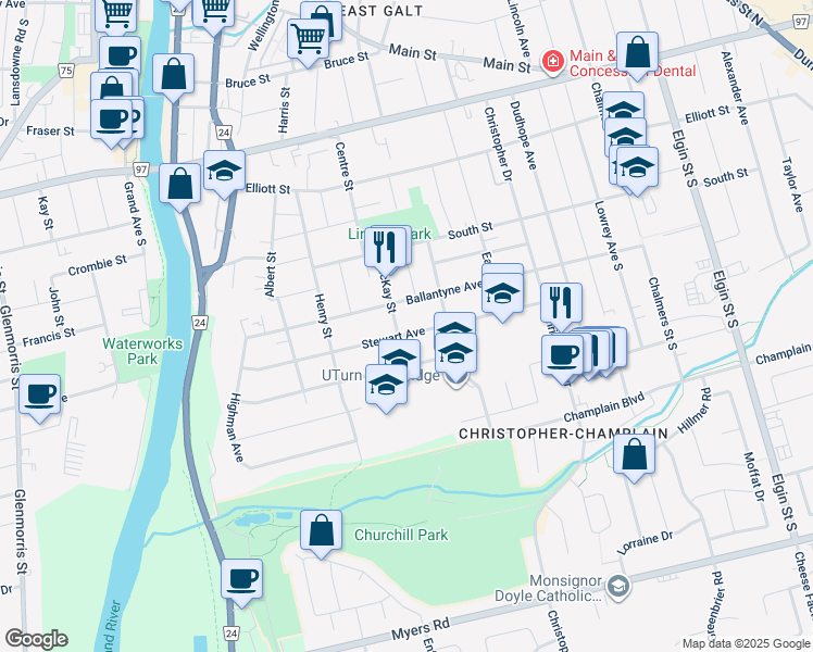 map of restaurants, bars, coffee shops, grocery stores, and more near 108 Stewart Avenue in Cambridge