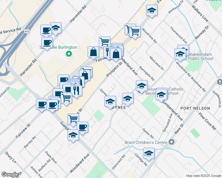 map of restaurants, bars, coffee shops, grocery stores, and more near 787 Dynes Road in Burlington