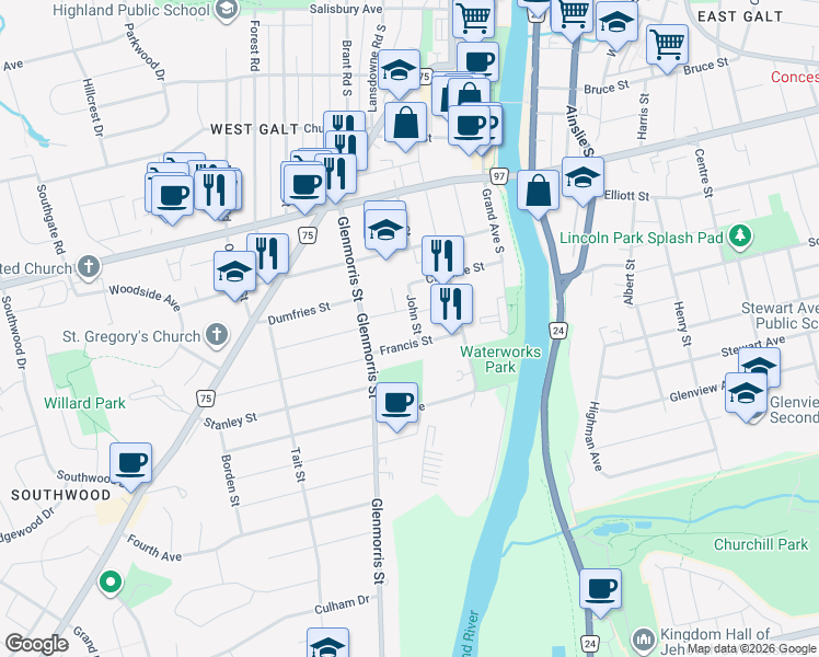 map of restaurants, bars, coffee shops, grocery stores, and more near 27 Francis Street in Cambridge