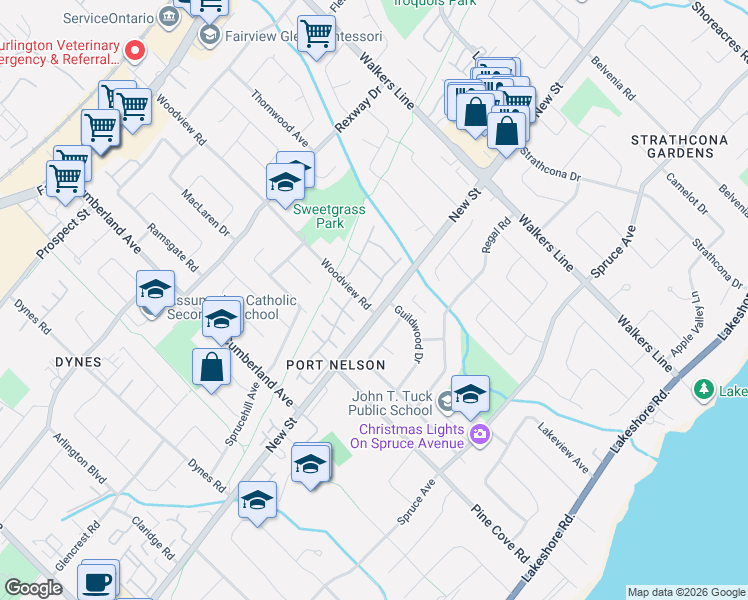 map of restaurants, bars, coffee shops, grocery stores, and more near 3 Woodview Road in Burlington