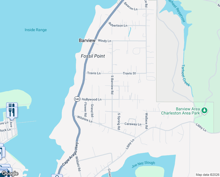 map of restaurants, bars, coffee shops, grocery stores, and more near 63605 South Barview Road in Coos Bay