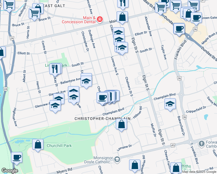 map of restaurants, bars, coffee shops, grocery stores, and more near 89 Christopher Drive in Cambridge