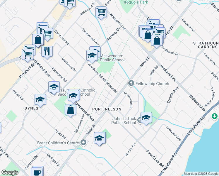 map of restaurants, bars, coffee shops, grocery stores, and more near 3333 New Street in Burlington