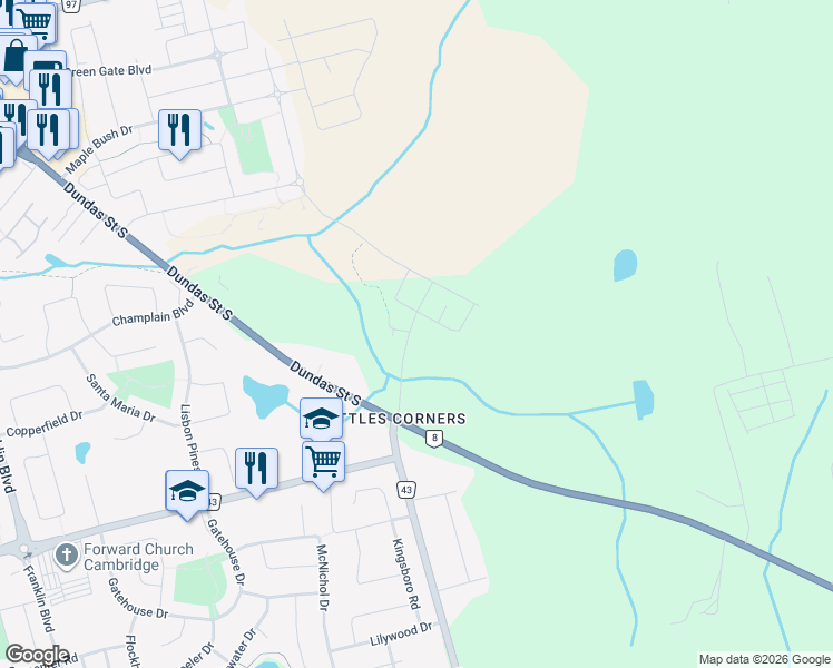 map of restaurants, bars, coffee shops, grocery stores, and more near 45 Faith Street in Cambridge