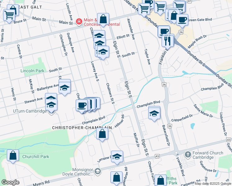 map of restaurants, bars, coffee shops, grocery stores, and more near 135 Chalmers Street South in Cambridge