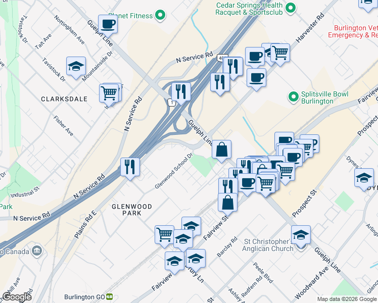 map of restaurants, bars, coffee shops, grocery stores, and more near 2445 Glenwood School Drive in Burlington