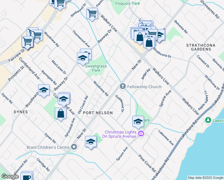 map of restaurants, bars, coffee shops, grocery stores, and more near 447 Woodview Road in Burlington