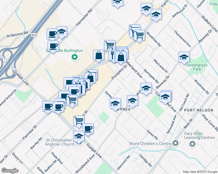 map of restaurants, bars, coffee shops, grocery stores, and more near 3212 Prospect Street in Burlington