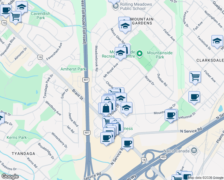 map of restaurants, bars, coffee shops, grocery stores, and more near 1374 Charles Drive in Burlington