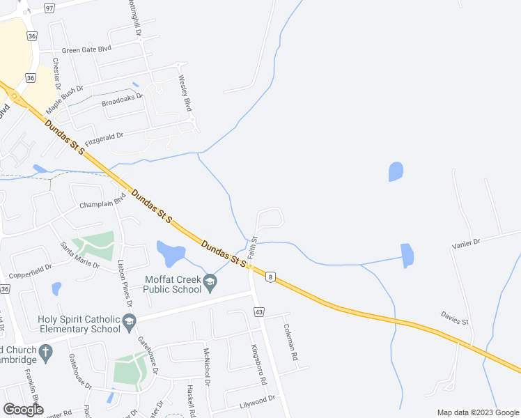 map of restaurants, bars, coffee shops, grocery stores, and more near 1261 Dundas Street South in Cambridge