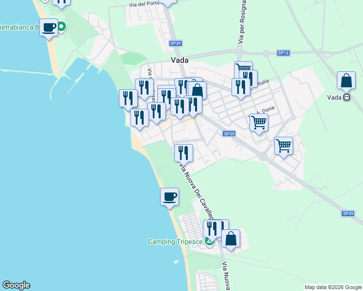 map of restaurants, bars, coffee shops, grocery stores, and more near 15 Via Nuova dei Cavalleggeri in Vada