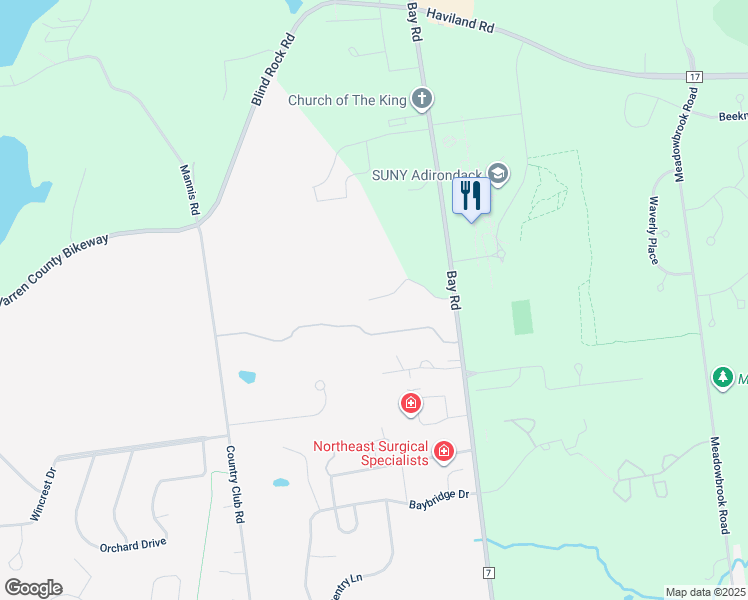 map of restaurants, bars, coffee shops, grocery stores, and more near 2 Canterbury Woods Street in Queensbury