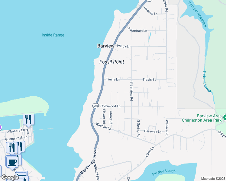 map of restaurants, bars, coffee shops, grocery stores, and more near 63644 Grand Road in Coos Bay