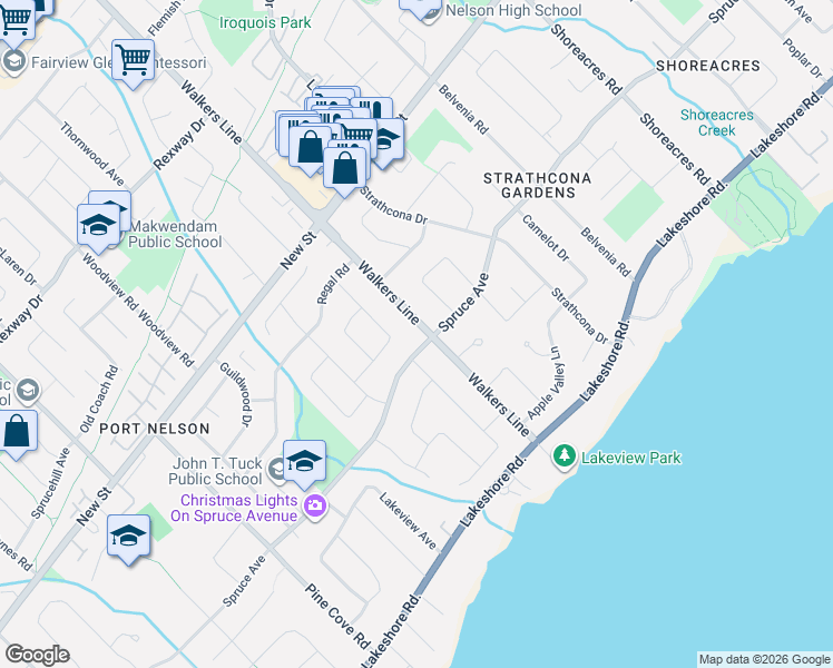 map of restaurants, bars, coffee shops, grocery stores, and more near 320 Walkers Line in Burlington