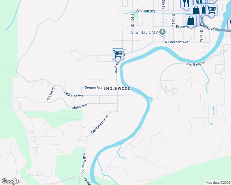 map of restaurants, bars, coffee shops, grocery stores, and more near 1641 Southwest Boulevard in Coos Bay