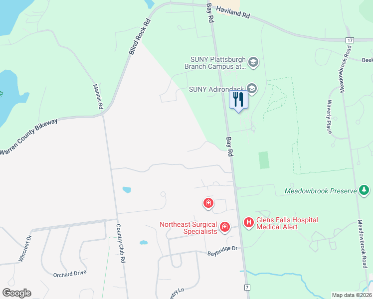 map of restaurants, bars, coffee shops, grocery stores, and more near 2 Canterbury Woods Street in Queensbury