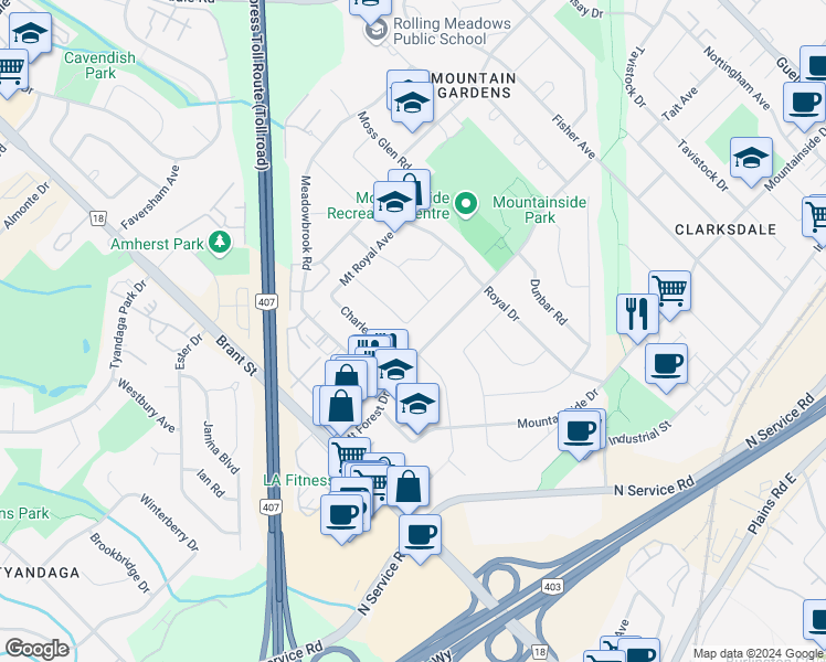 map of restaurants, bars, coffee shops, grocery stores, and more near 1352 Bunnell Drive in Burlington
