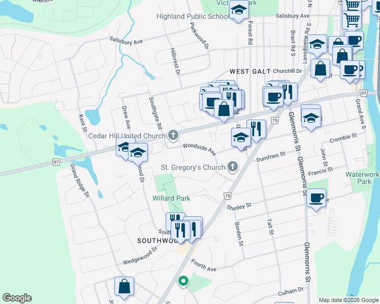 map of restaurants, bars, coffee shops, grocery stores, and more near 143 Woodside Avenue in Cambridge