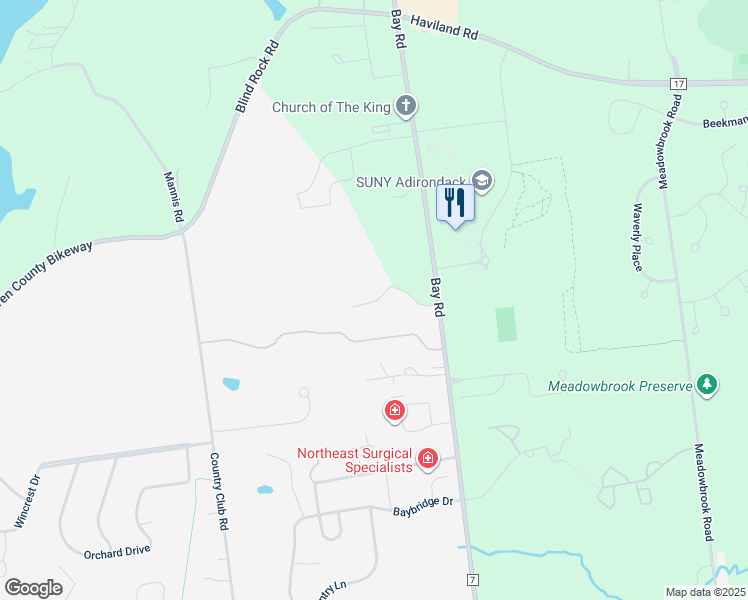 map of restaurants, bars, coffee shops, grocery stores, and more near 2 Canterbury Woods Street in Queensbury