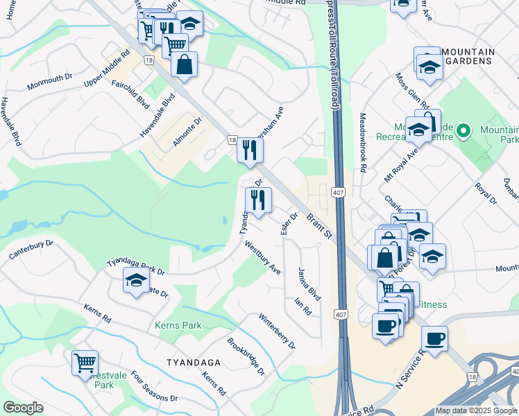 map of restaurants, bars, coffee shops, grocery stores, and more near 1440 Tyandaga Park Drive in Burlington