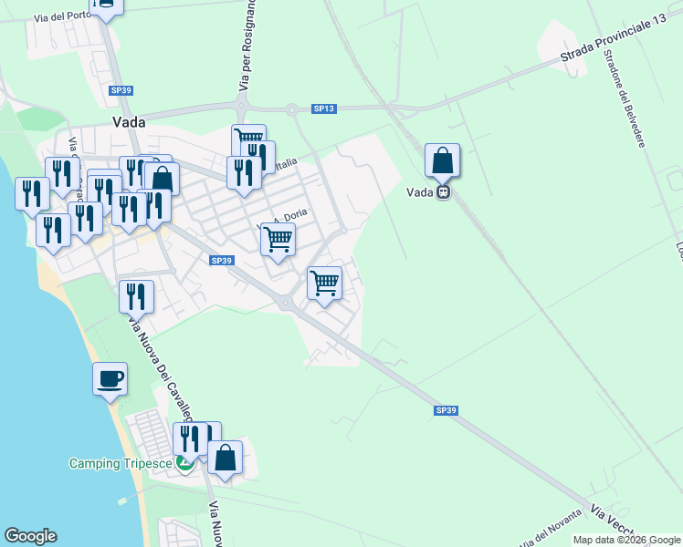 map of restaurants, bars, coffee shops, grocery stores, and more near 5 Via Leopoldo II di Lorena in Vada