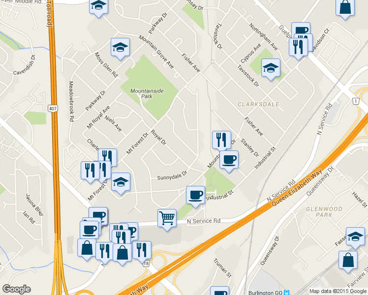 map of restaurants, bars, coffee shops, grocery stores, and more near 1250 Dunbar Road in Burlington