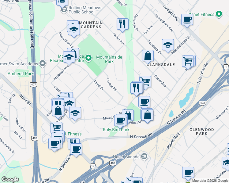 map of restaurants, bars, coffee shops, grocery stores, and more near 1241 Dunbar Road in Burlington